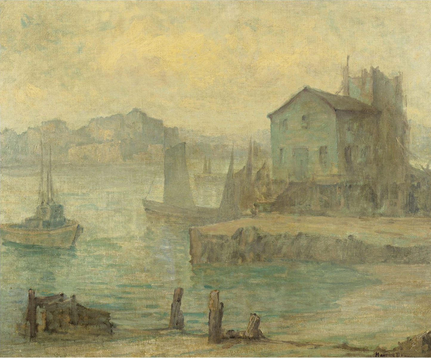 Boats in a Harbor, vintage artwork by Maurice Braun, 12x8" (A4) Poster