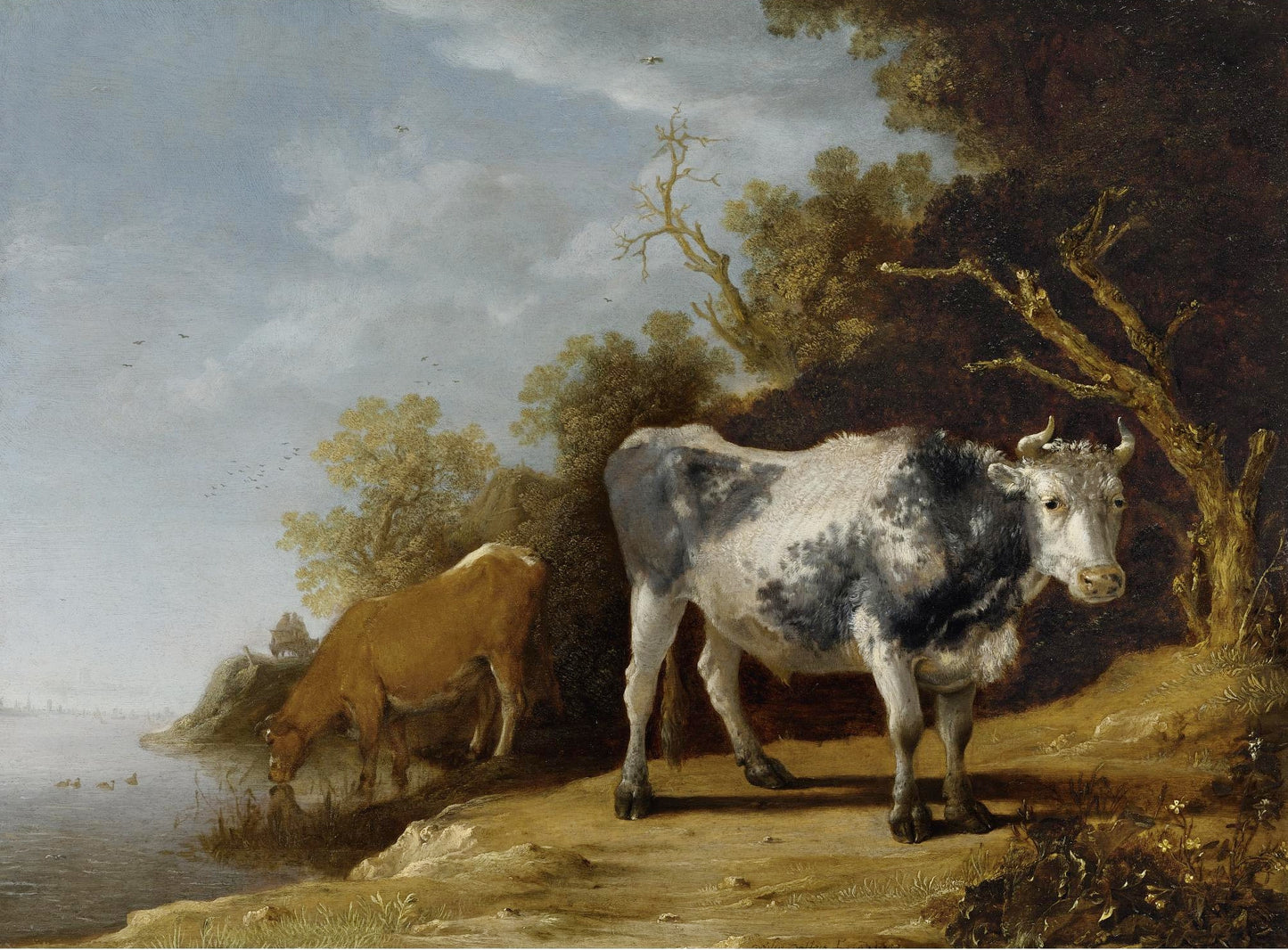 Cattle Standing on a Riverbank, vintage artwork by Paulus Potter, 12x8" (A4) Poster