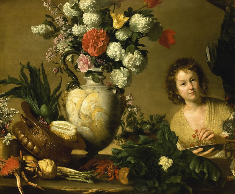 Still Life with a Figure Holding a Plate of Cherries, vintage artwork by Bernardo Strozzi, 12x8" (A4) Poster