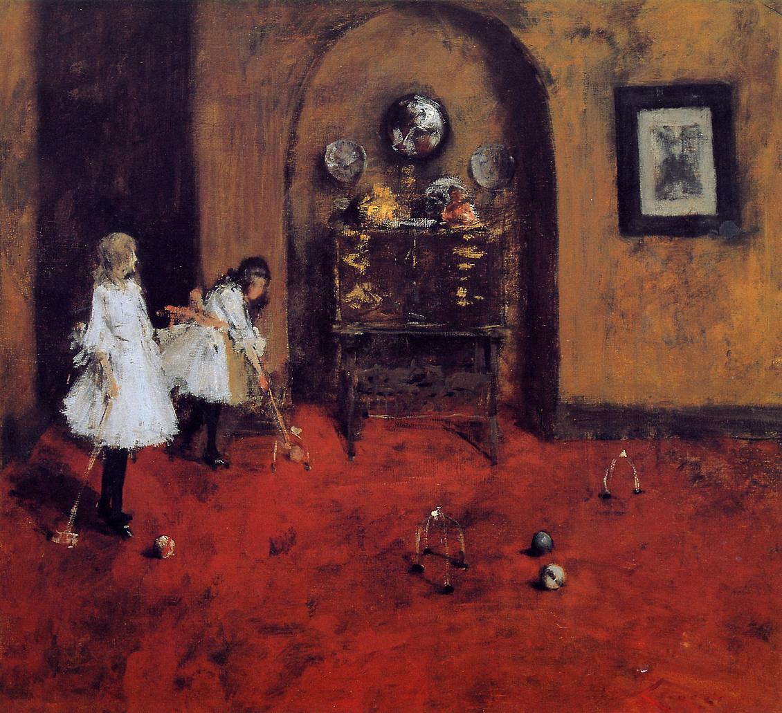 Children Playing Parlor Croquet (sketch), vintage artwork by William Merritt Chase, 12x8" (A4) Poster