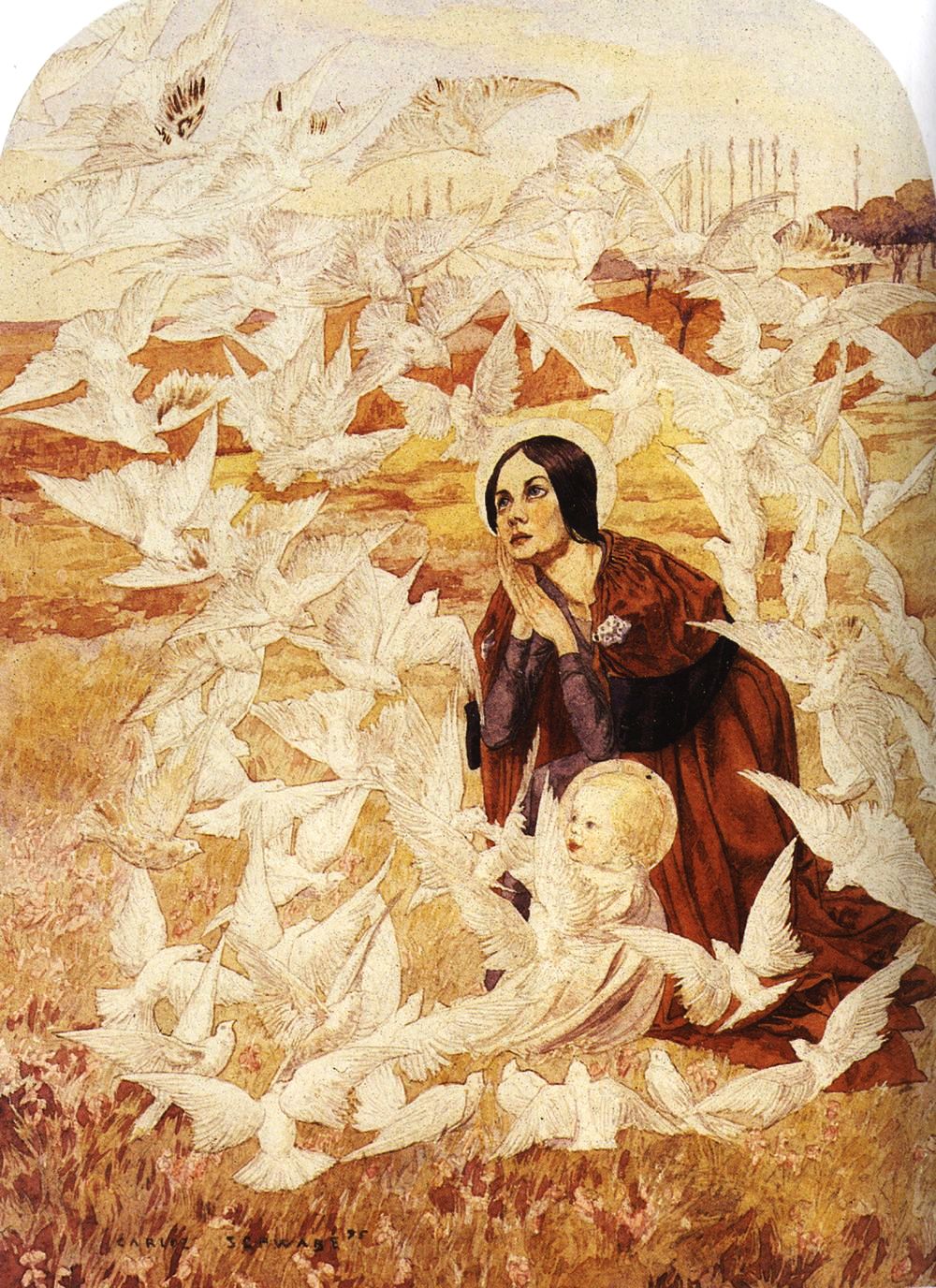 Virgin with Doves, vintage artwork by Carlos Schwabe, 12x8" (A4) Poster