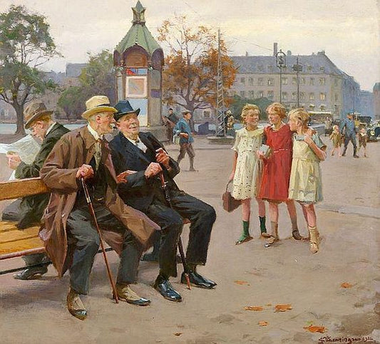 Old School Mates at Lille Triange, vintage artwork by Erik Henningsen, 12x8" (A4) Poster