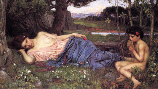 Listening to My Sweet Pipings, vintage artwork by John William Waterhouse, 12x8" (A4) Poster