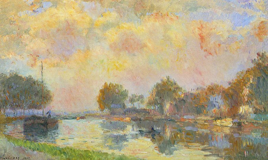 The Banks of the Canal at Charenton, Sunny Autumn Afternoon, vintage artwork by Albert Lebourg, 12x8" (A4) Poster
