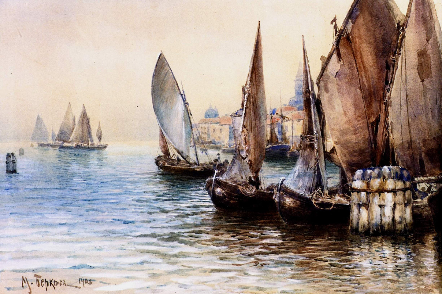 Boats in Venice, vintage artwork by Mikhail Berkos, 12x8" (A4) Poster