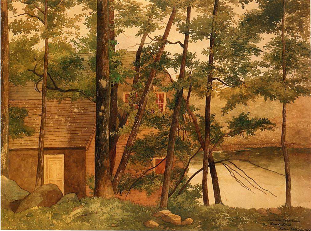 Lincoln Boat House, Sandy Pond, vintage artwork by Ellen Robbins, 12x8" (A4) Poster