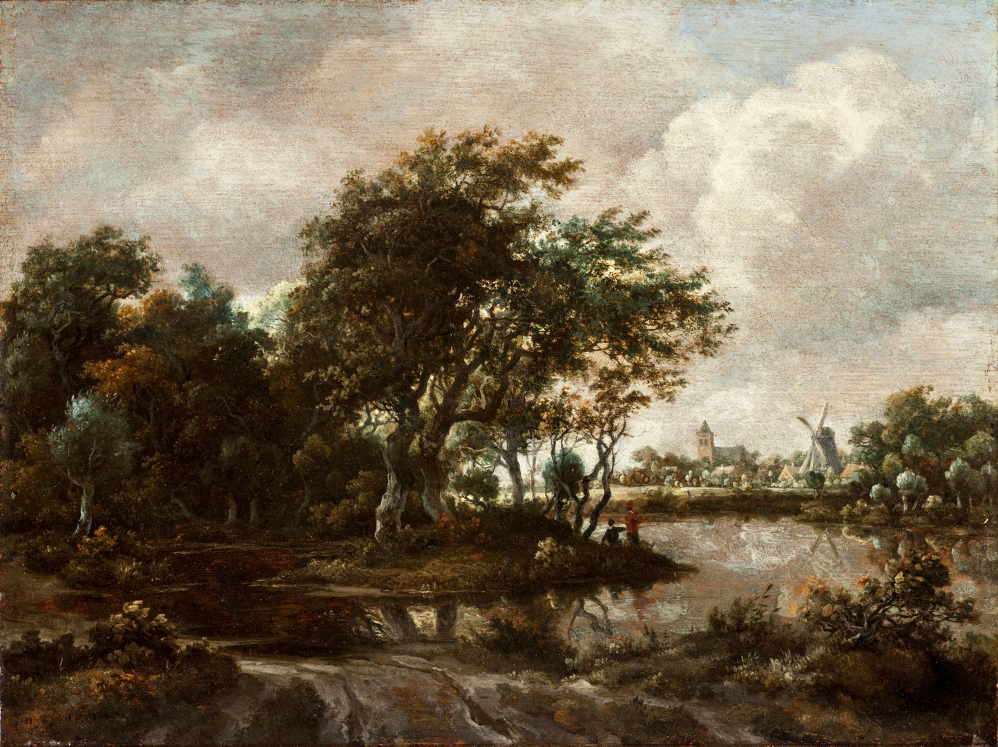 Landscape with Anglers and a Distant Town, vintage artwork by Meindert Hobbema, 12x8" (A4) Poster