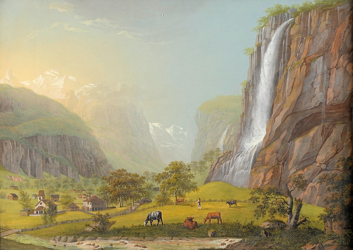 The Waterfall in the Canton of Bern, vintage artwork by Johann Heinrich Bleuler, 12x8" (A4) Poster
