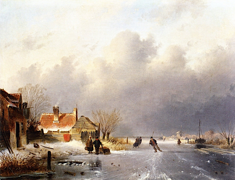Skaters on the Ice with a Koek-en-zopie Beyond, vintage artwork by Charles Henri Joseph Leickert, A3 (16x12") Poster Print