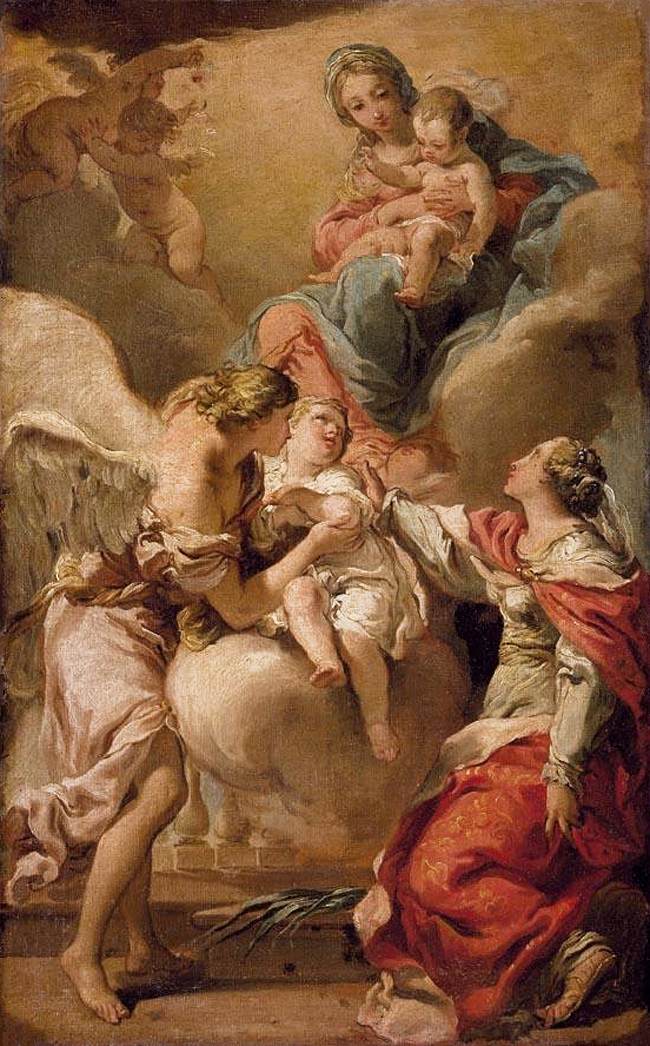 Saint Giustina and the Guardian Angel Commending the Soul of an Infant to the Madonna and Child, vintage artwork by Gaetano Gandolfi, 12x8" (A4) Poster