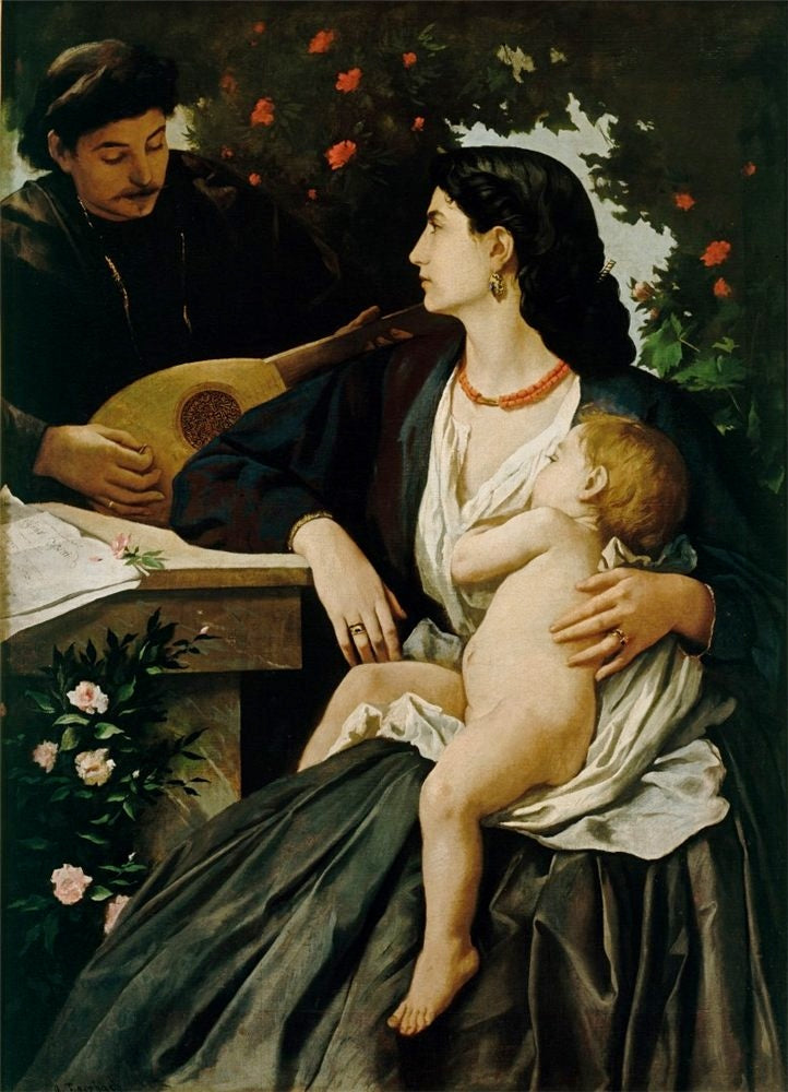 Anna Risi with child and a mandolinplayer, vintage artwork by Anselm Feuerbach, 12x8" (A4) Poster