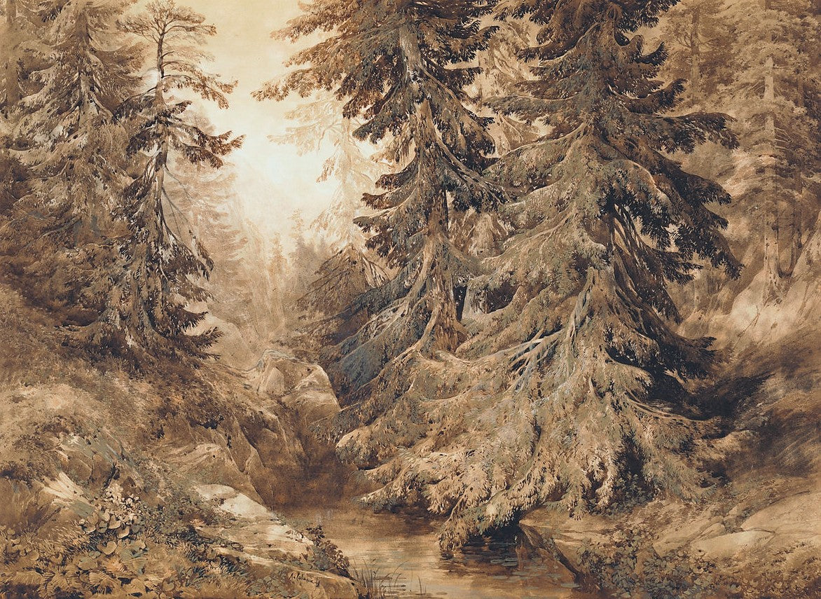 An Ancient Pine Forest with a Mountain Stream, vintage artwork by Alexandre Calame, A3 (16x12") Poster Print