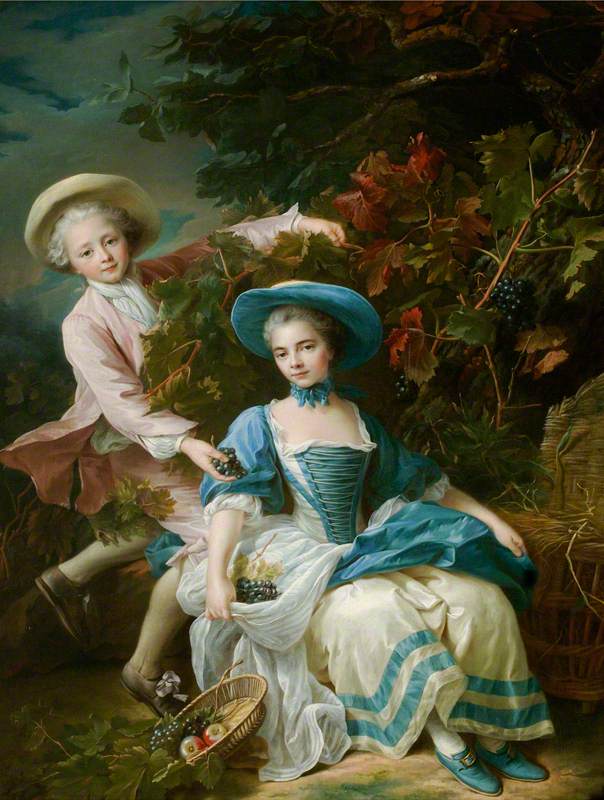 The Prince de Guemenee and Mademoiselle de Soubise Dressed as Grape Harvesters, vintage artwork by François-Hubert Drouais, 12x8" (A4) Poster