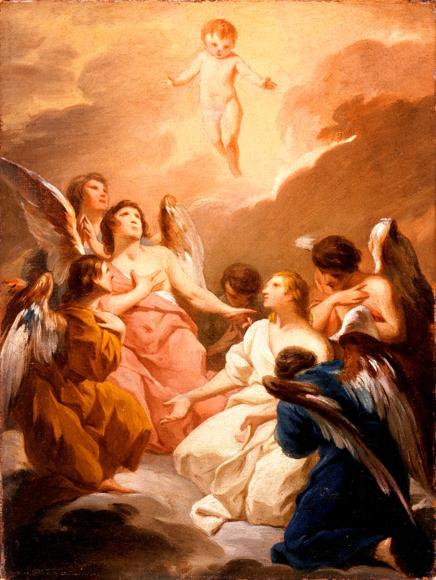 Seven Angels Adoring the Christ Child, vintage artwork by Pierre Subleyras, 12x8" (A4) Poster