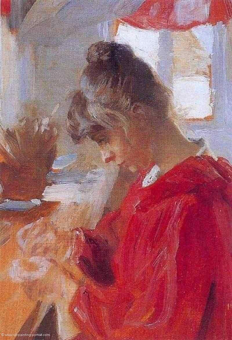 Marie in red dress, vintage artwork by Peder Severin Kroyer, 12x8" (A4) Poster