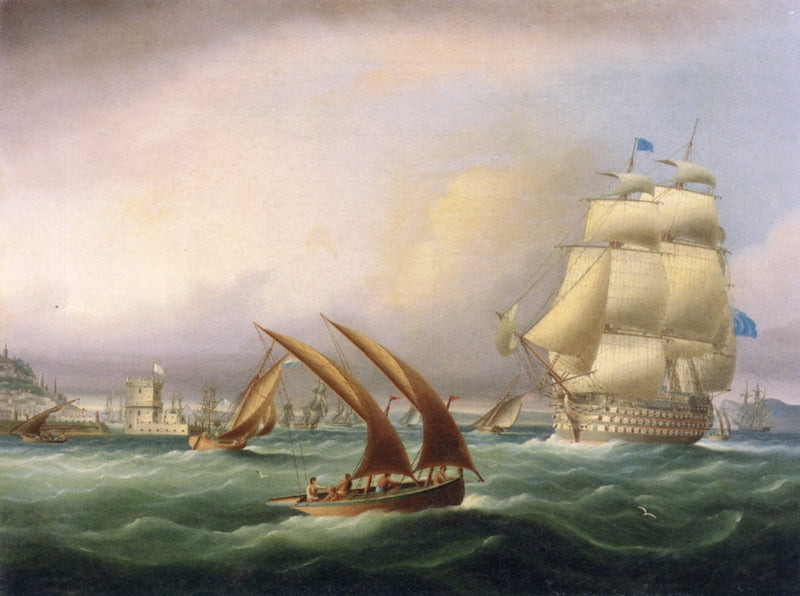 A Royal Navy First Rate Outward Bound from Lisbon, Passing the Belem Tower on Her Starboard Bow, vintage artwork by Thomas Buttersworth, Jr, A3 (16x12") Poster Print