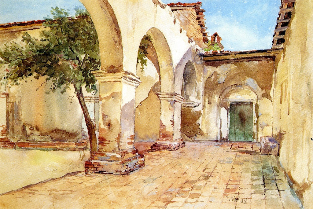 Mission San Juan Capistrano, vintage artwork by Elmer Wachtel, 12x8" (A4) Poster