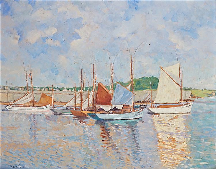 Sailboats Anchored, vintage artwork by Henri DeLavallee, 12x8" (A4) Poster