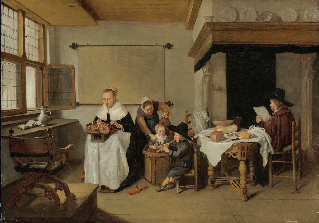 A Domestic Interior with a Family, vintage artwork by Quiringh van Brekelenkam, 12x8" (A4) Poster