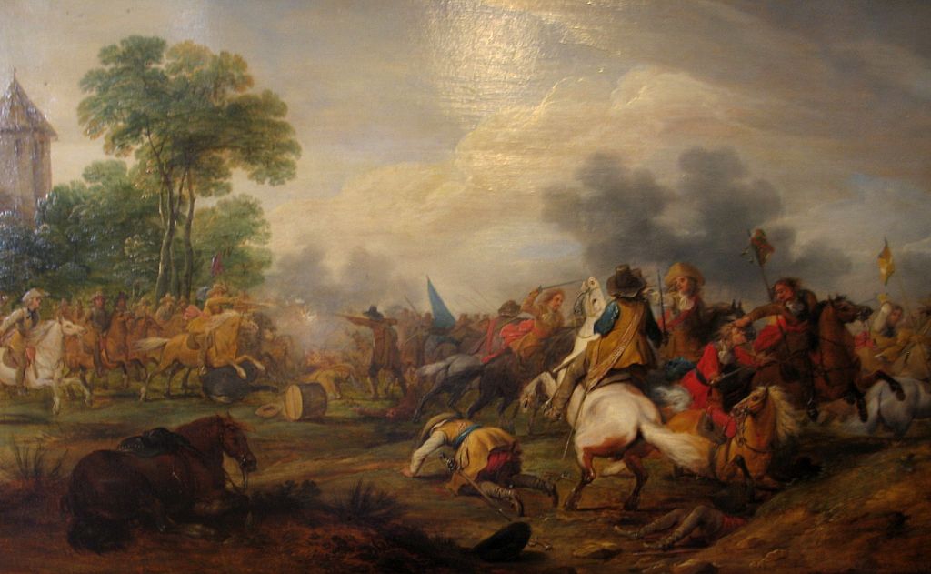 Reitertreffen zwischen Kaiserlichen und Schweden, vintage artwork by Adam Frans van der Meulen, 12x8" (A4) Poster