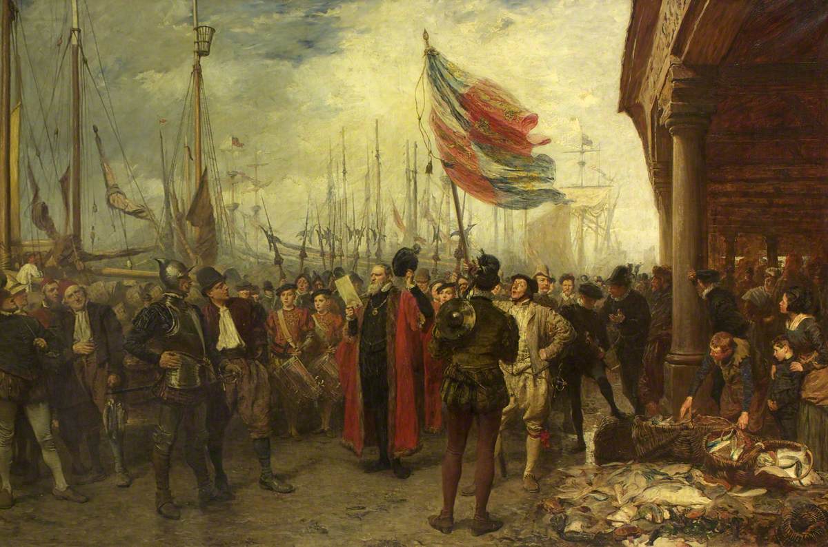 The Call to Arms, Plymouth Quay, 1588, vintage artwork by John Seymour Lucas, 12x8" (A4) Poster
