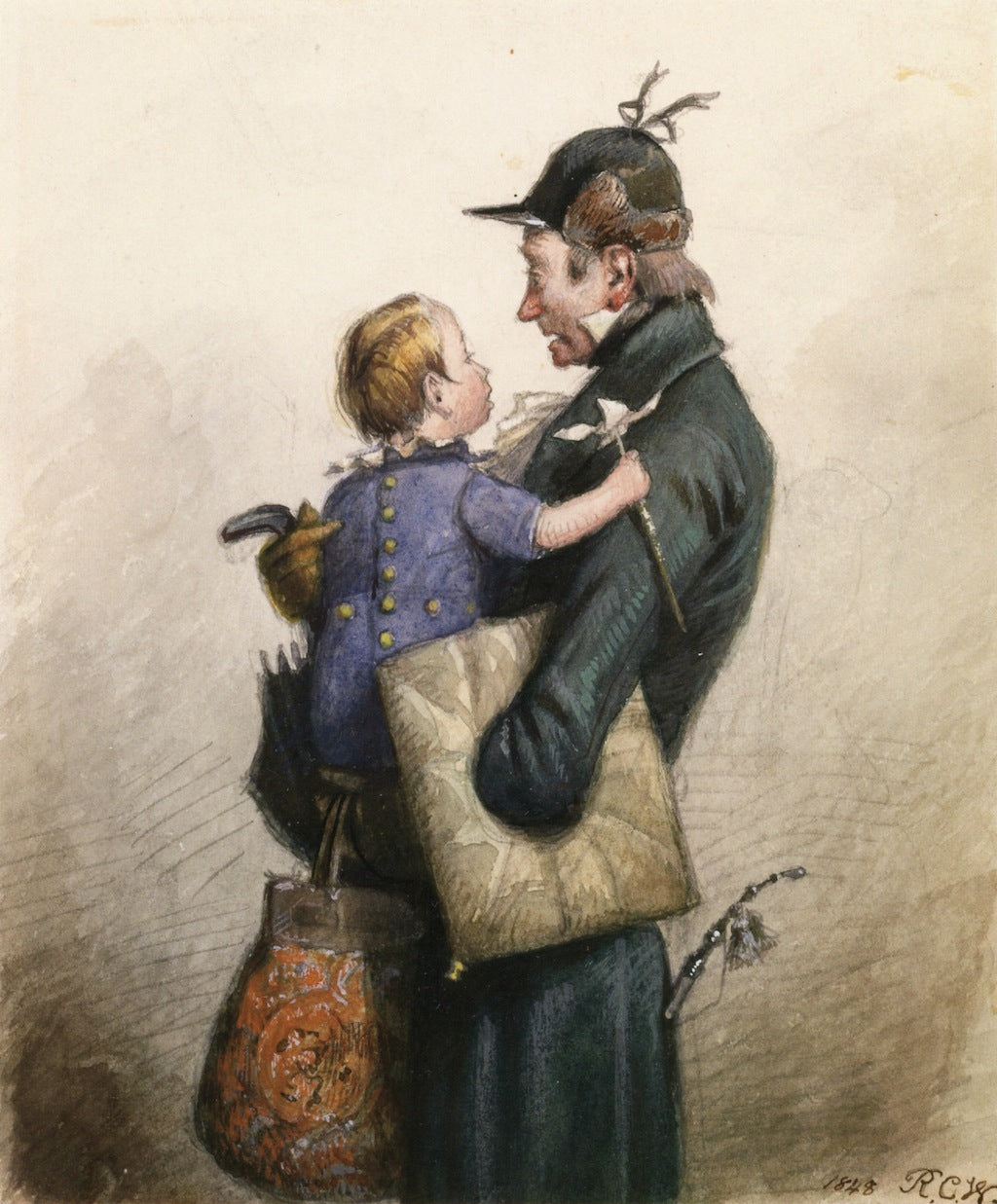 Man in Green Coat with Umbrella, vintage artwork by Richard Caton Woodville, 12x8" (A4) Poster