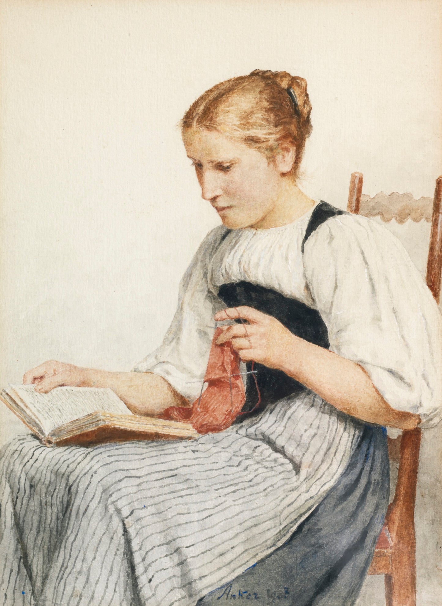 Girl Knitting while Reading, vintage artwork by Albert Anker, 12x8" (A4) Poster