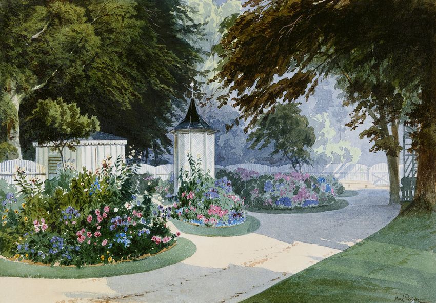 The Rosenau: the gardens of the Hereditary Prince of Saxe-Coburg and Prince Albert, vintage artwork by Max Brückner, 12x8" (A4) Poster