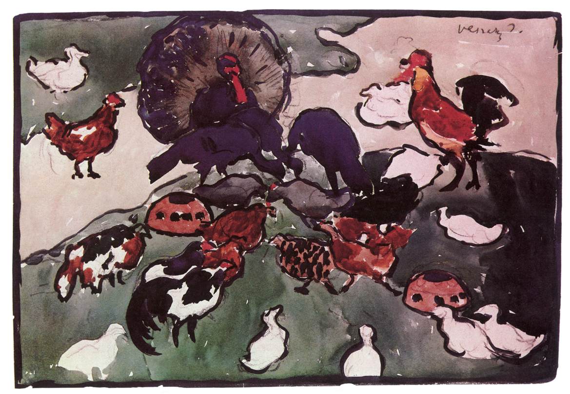 Poultry-run (design for a tapestry) by Janos Vaszary,A3(16x12")Poster