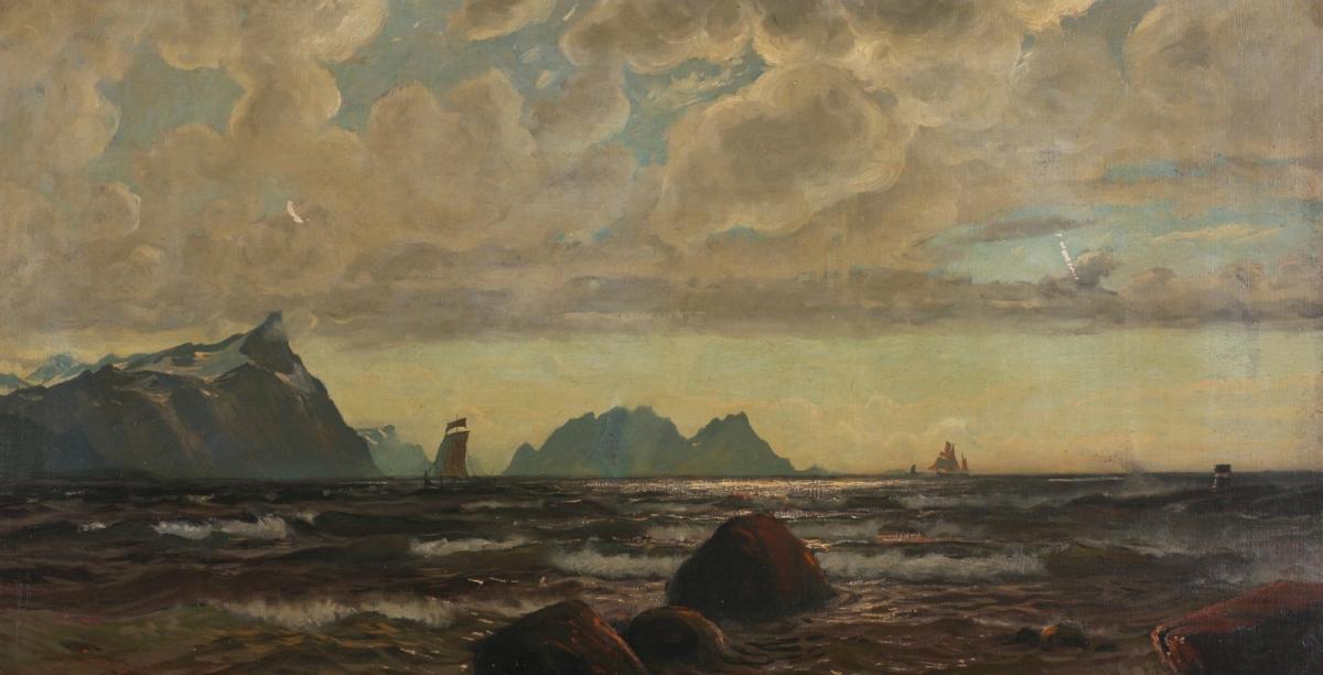 Coastal Landscape with Boats (Kystlandskap med båter), vintage artwork by Thorolf Holmboe, 12x8" (A4) Poster