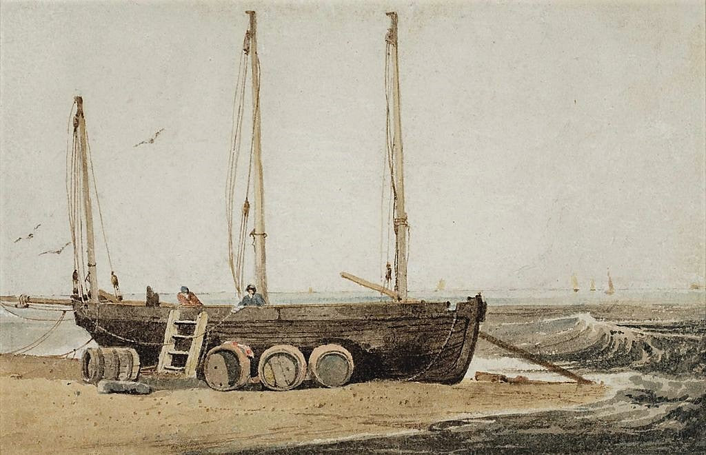 Beached Fishing Boat, vintage artwork by Samuel Prout, 12x8" (A4) Poster