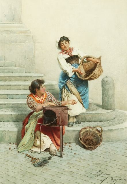 Two Girls Roasting Chestnuts, vintage artwork by Federico Ballesio, 12x8" (A4) Poster