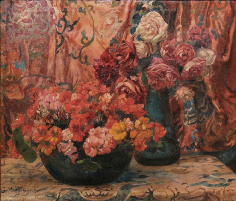 Red Flowers Amongst Drapery by Georges Antoine Rochegrosse,A3(16x12")Poster