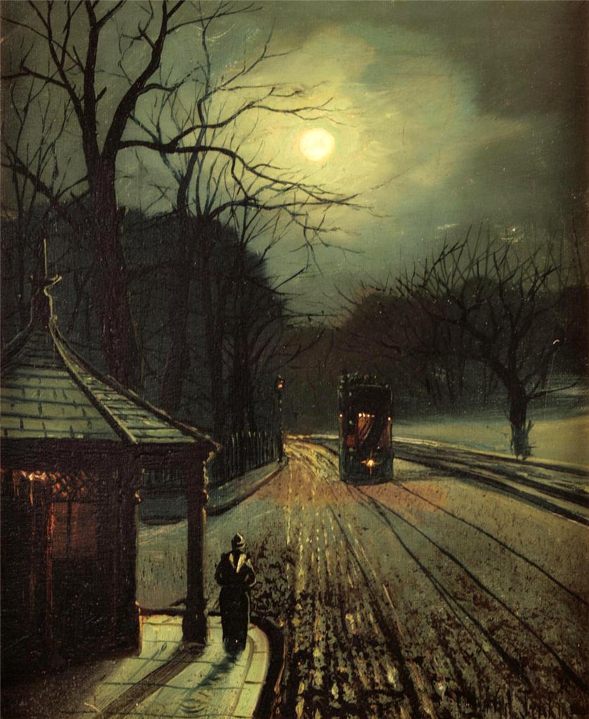 Tram in the Moonlight, vintage artwork by Wilfred Jenkins, 12x8" (A4) Poster