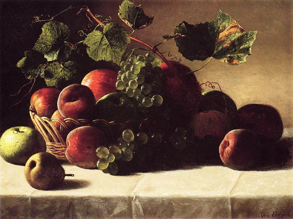 Still Life with Grapes and Peaches, vintage artwork by George Hetzel, 12x8" (A4) Poster