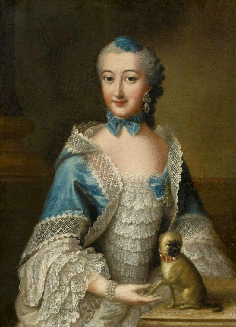 Portrait of a Lady with a Pug, vintage artwork by Anna Rosina de Gasc, 12x8" (A4) Poster