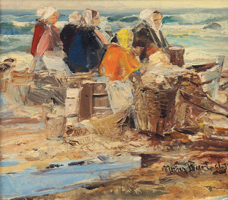 Fisherwomen on the Beach, vintage artwork by Hans von Bartels, 12x8" (A4) Poster