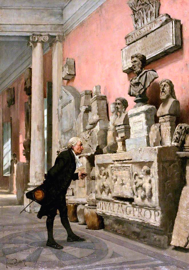 The Archaeologist: Interior at Avignon with a Man Examining Sculpture, vintage artwork by Henry Edward Detmold, 12x8" (A4) Poster