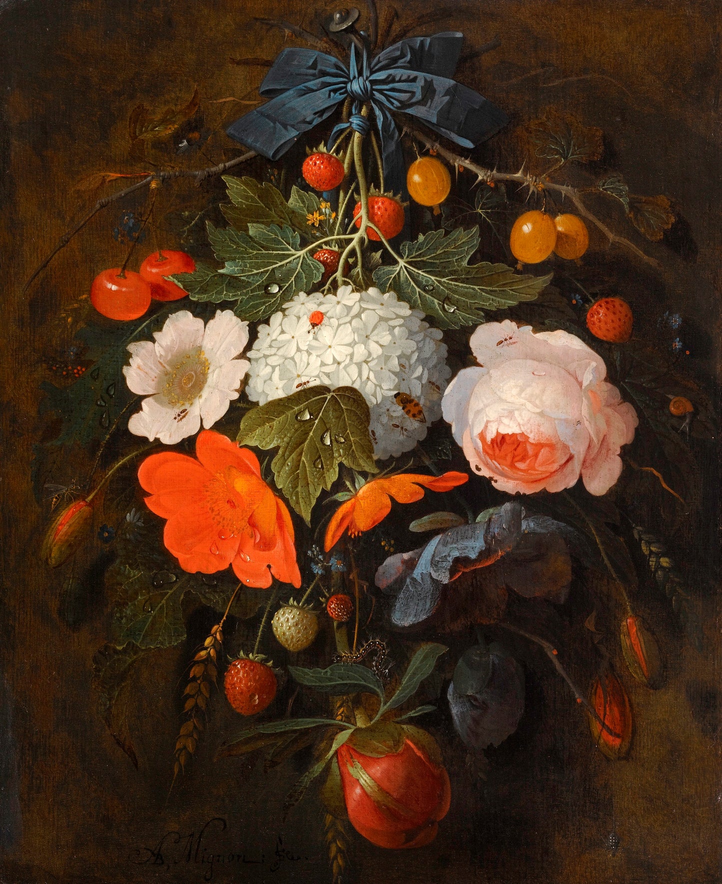 A festoon of flowers and fruit, including a pink rose, a poppy, a snowball, vintage artwork by Abraham Mignon, 12x8" (A4) Poster