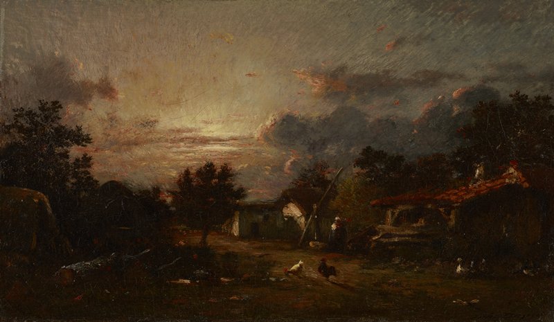 Village Scene, Sunset, vintage artwork by Jules Dupre, A3 (16x12") Poster Print