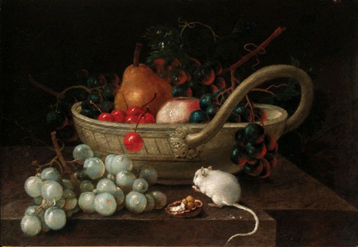 A bowl of fruit with a mouse eating a walnut on a ledge, vintage artwork by Johann Amandus Winck, 12x8" (A4) Poster