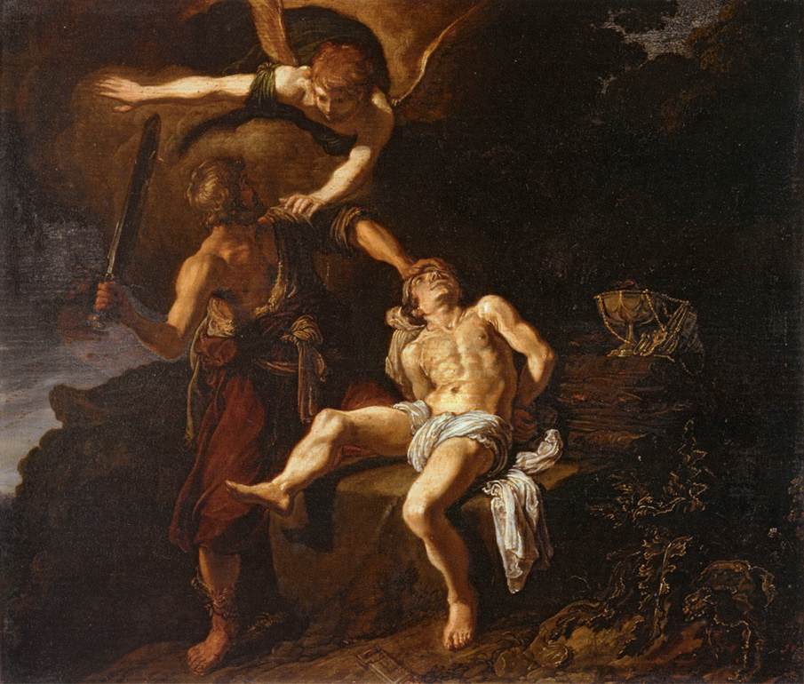 The Angel of the Lord Preventing Abraham from Sacrificing his Son Isaac, vintage artwork by Pieter Lastman, 12x8" (A4) Poster