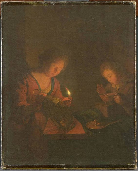 A girl placeing a candle in a lantern and a guy making fire for an oven, vintage artwork by Godfried Schalcken, 12x8" (A4) Poster
