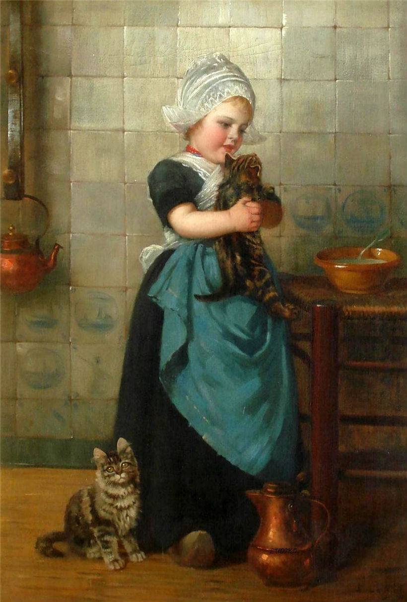 Girl With Kittens by Edmond Louyot,A3(16x12")Poster