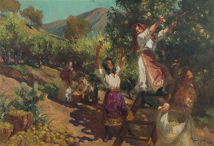 Gathering Lemons, vintage artwork by Lucien Laurant Gsell, 12x8" (A4) Poster