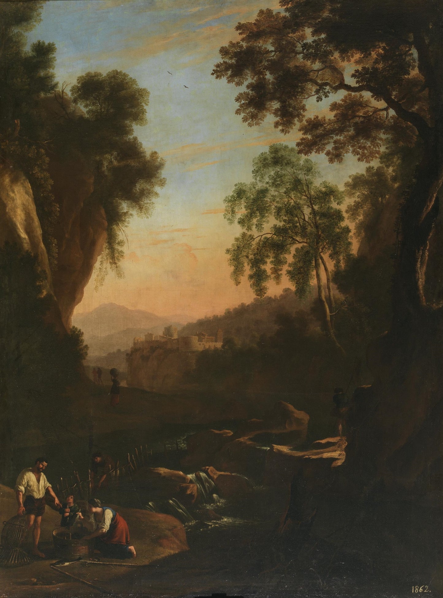 Landscape with Fisherman Family at Dusk, vintage artwork by Herman van Swanevelt, 12x8" (A4) Poster