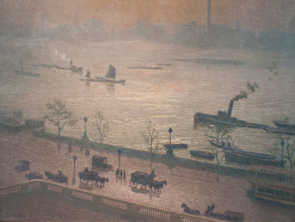 Morning Reflection on the Thames in London, vintage artwork by Emile Claus, 12x8" (A4) Poster