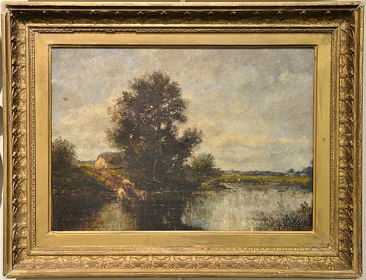 Landscape with Lake and Cows, vintage artwork by Jules Dupre, A3 (16x12") Poster Print