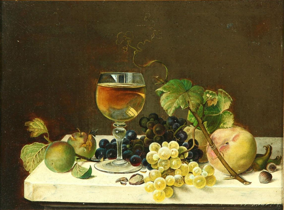 Still Life with Fruit and Glass of Wine, vintage artwork by Johann Wilhelm Preyer, A3 (16x12") Poster Print