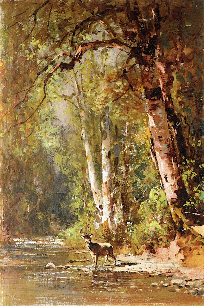 Deer by a Stream, vintage artwork by Thomas Hill, 12x8" (A4) Poster